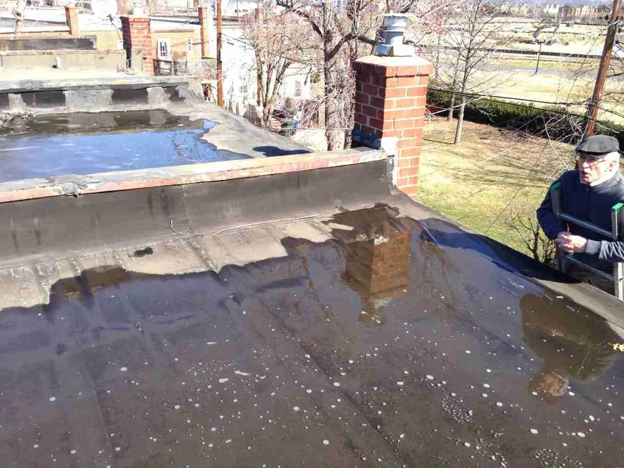 Ponding water on a commercial roof